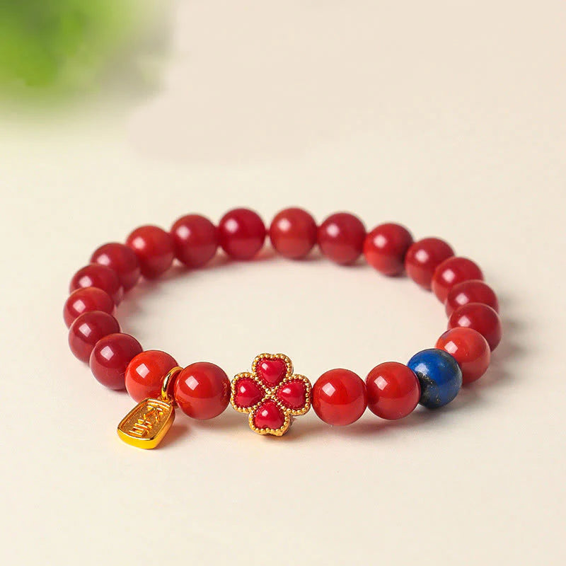 Buddha Stones Four Leaf Clover Flower Gourd South Red Agate White Agate Positive Beaded Bracelet