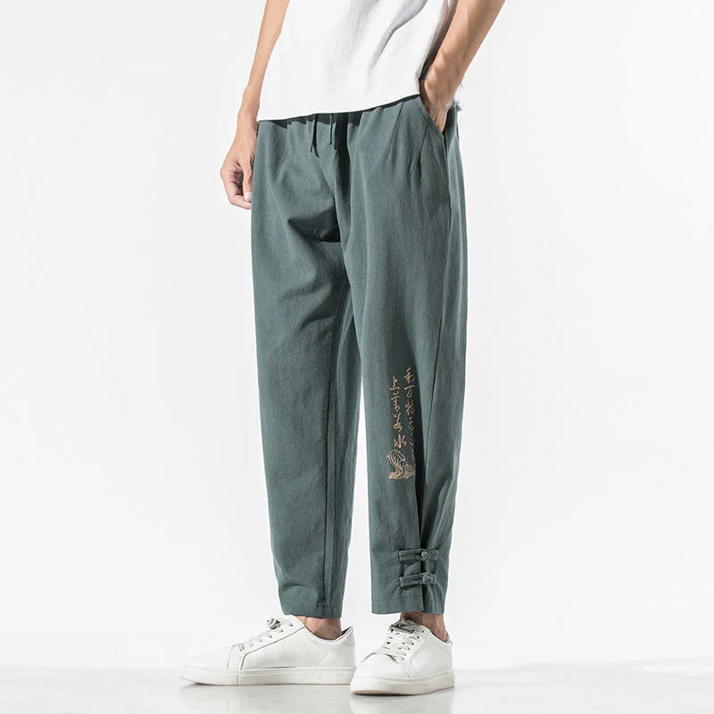 Buddha Stones Summer Chinese Characters Embroidery Men's Cotton Linen Pants With Pockets