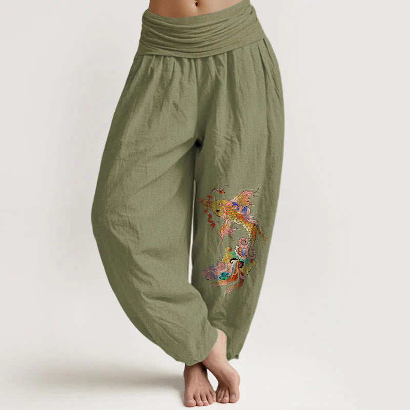 Buddha Stones Pure Cotton Brightly Colored Koi Fish Copper Coins Chinese Characters Pattern Women's Elastic Waist Harem Pants