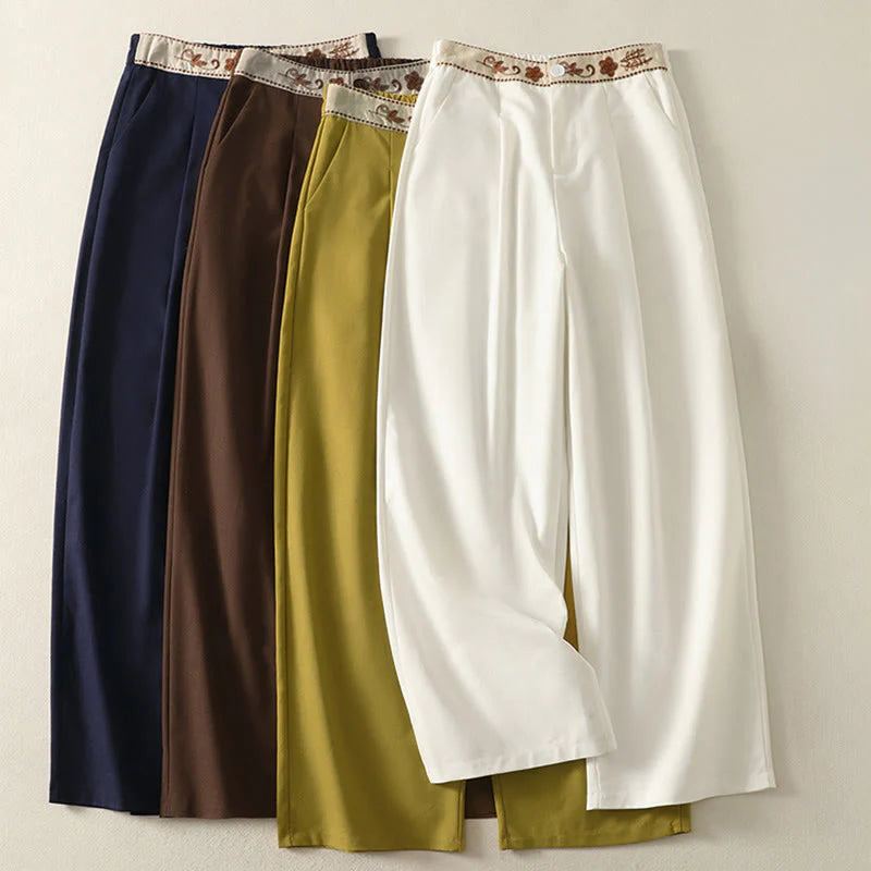 Buddha Stones Women's Embroidery Elastic Waistband Zipper Design Cotton Wide Leg Pants With Pockets