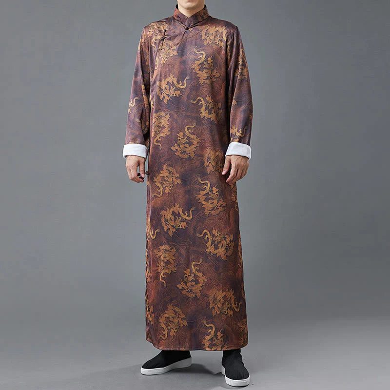 Buddha Stones Vintage Chinese Frog-Button Tang Suit Men's Dragon Cotton Robe