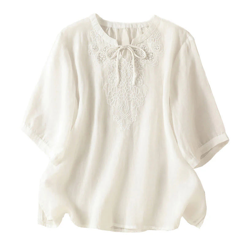 Buddha Stones Summer Embroidery Flower Lace-up Design Notched Collar Women's Short Sleeve Shirt