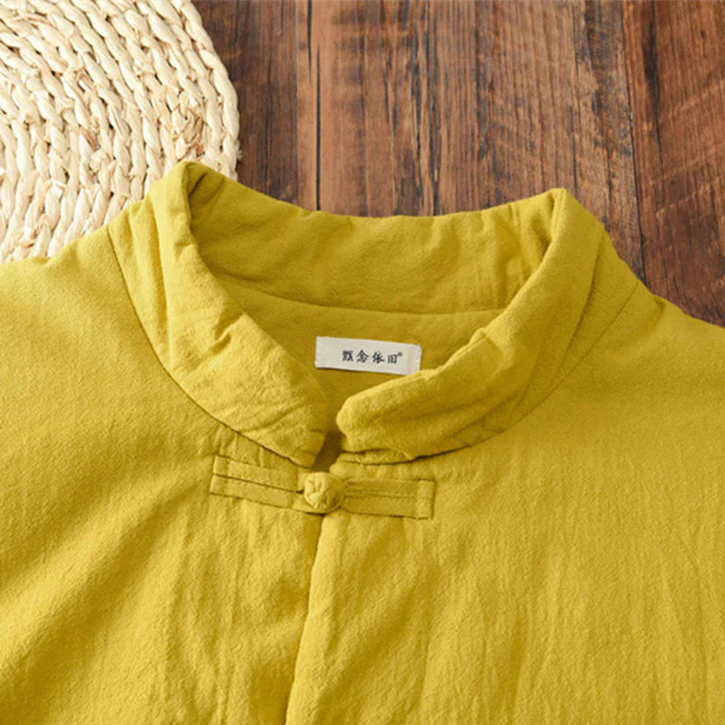 Buddha Stones Winter Solid Frog-Button Long Sleeve Cotton Women's Thermal Jacket With Pockets