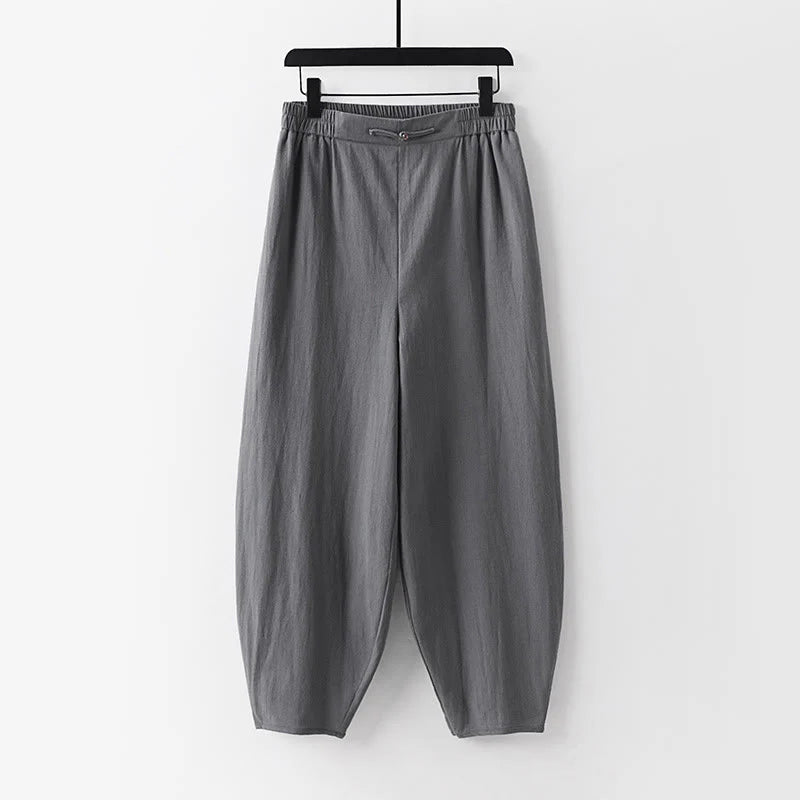 Buddha Stones Summer Plain Straight Leg Men's Cotton Linen Ankle-Length Pants With Pockets