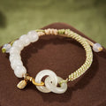 Buddha Stones Natural Hetian Jade Bead Double Peace Buckle Fu Character Abundance Braided Bracelet