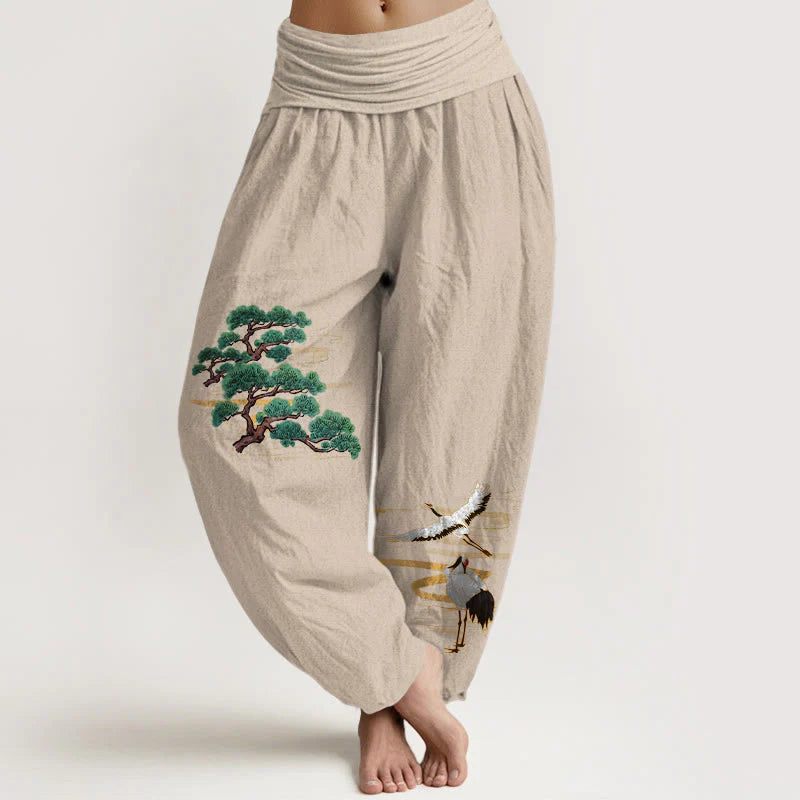 Buddha Stones Pure Cotton Elegant Colors Pine Tree Crane Pattern Women's Elastic Waist Harem Pants