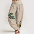 Buddha Stones Pure Cotton Elegant Colors Pine Tree Crane Pattern Women's Elastic Waist Harem Pants