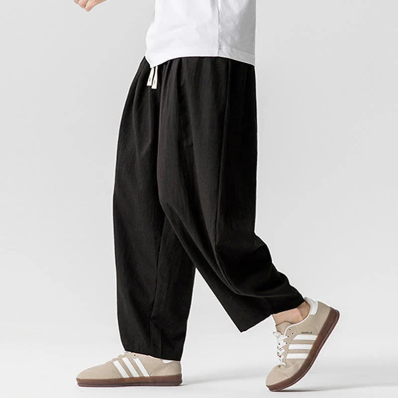 Buddha Stones Summer Pure Color Drawstring Men's Cotton Ankle-Length Pants With Pockets