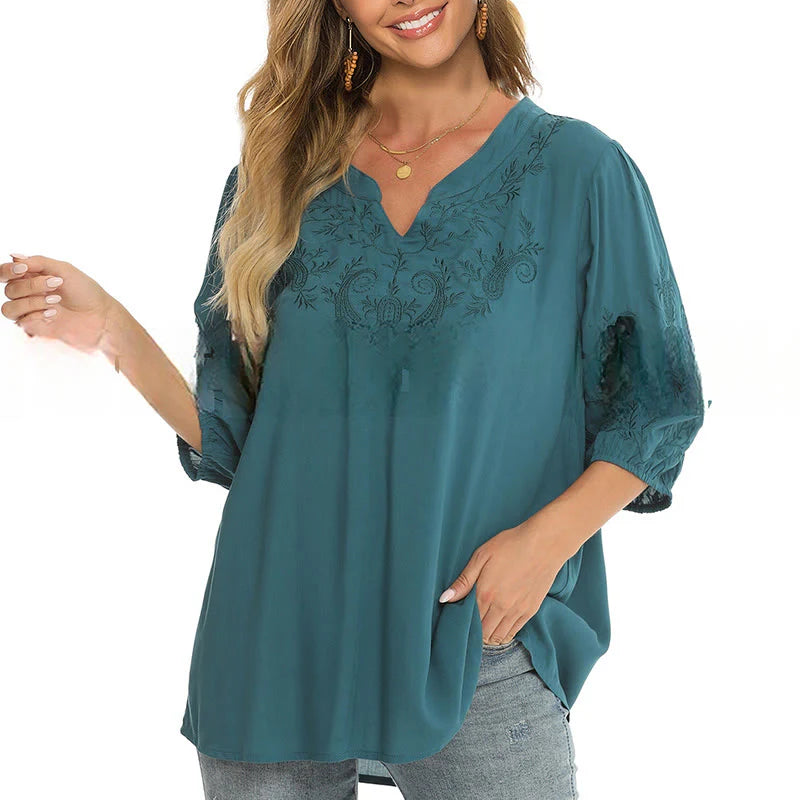 Buddha Stones Casual Solid Color Embroidery Flower Three Quarter Sleeve V-Neck Women's T-Shirt