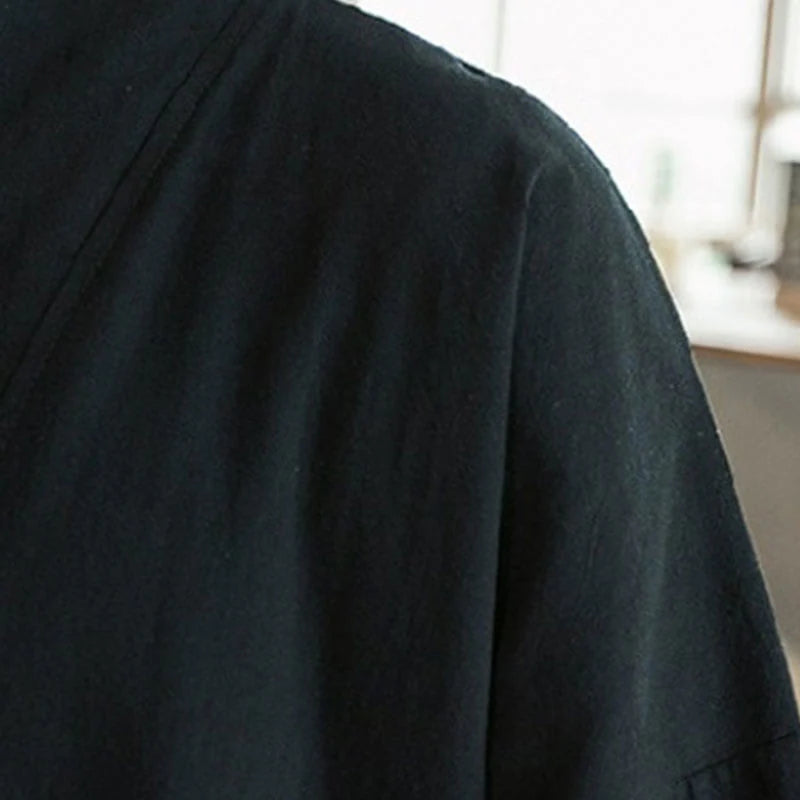 Buddha Stones Embroidery Open Front Jacket Cotton Linen Men's Three Quarter Sleeve Kimono