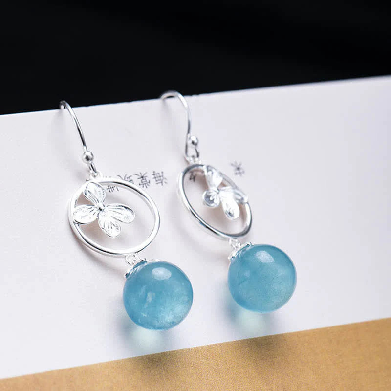 Buddha Stones 925 Sterling Silver Natural Aquamarine Leaf Flower Peace Earrings Necklace