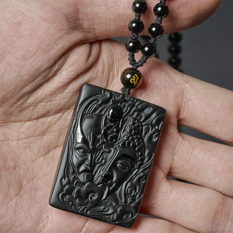 Buddha Stones Half Demon Half Buddha Relief Design Black Obsidian Strength Necklace Pendant