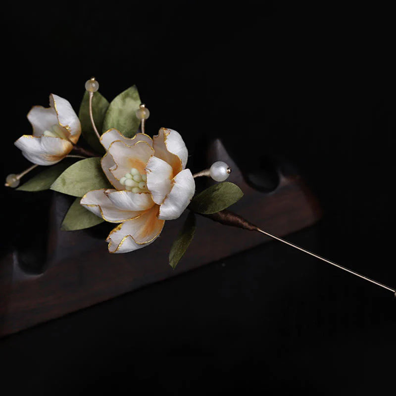 Buddha Stones Handcrafted Silk Art Golden Peony Flower Good Fortune Brooch