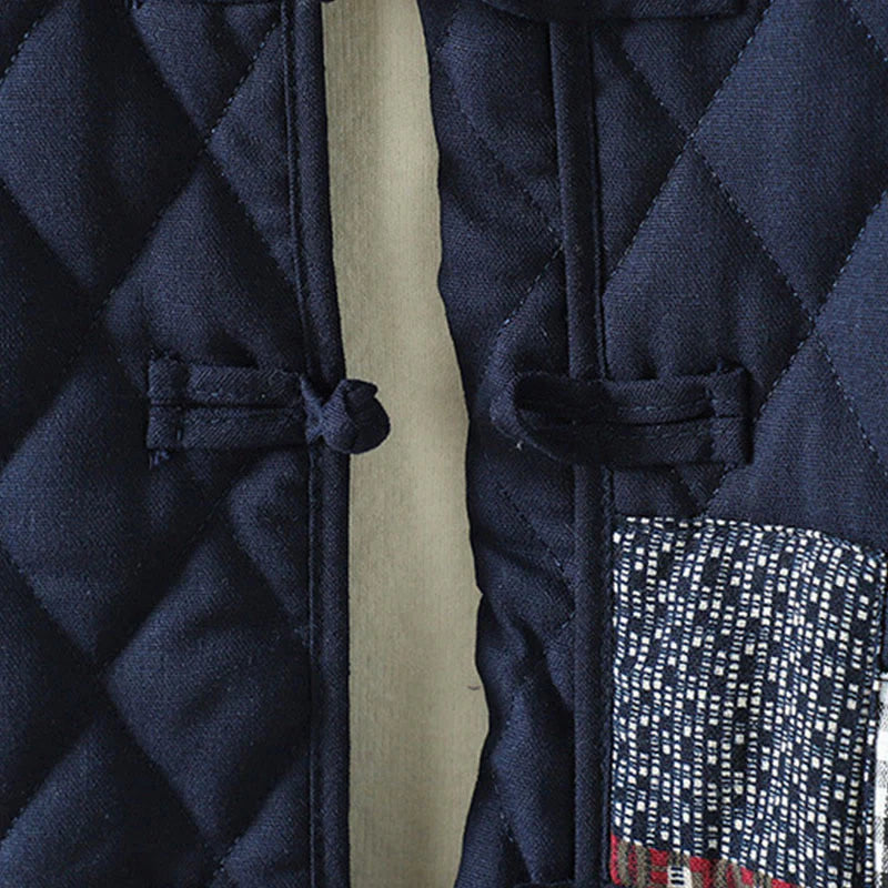 Buddha Stones Ethnic Frog-button Patchwork Women's Thickened Cotton Long Sleeve Jacket With Pockets