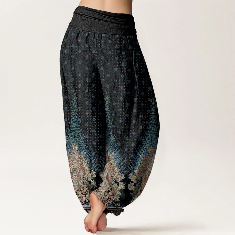 Buddha Stones Cotton Ethnic Peacock Floral Pattern Women's Elastic Waist Harem Pants