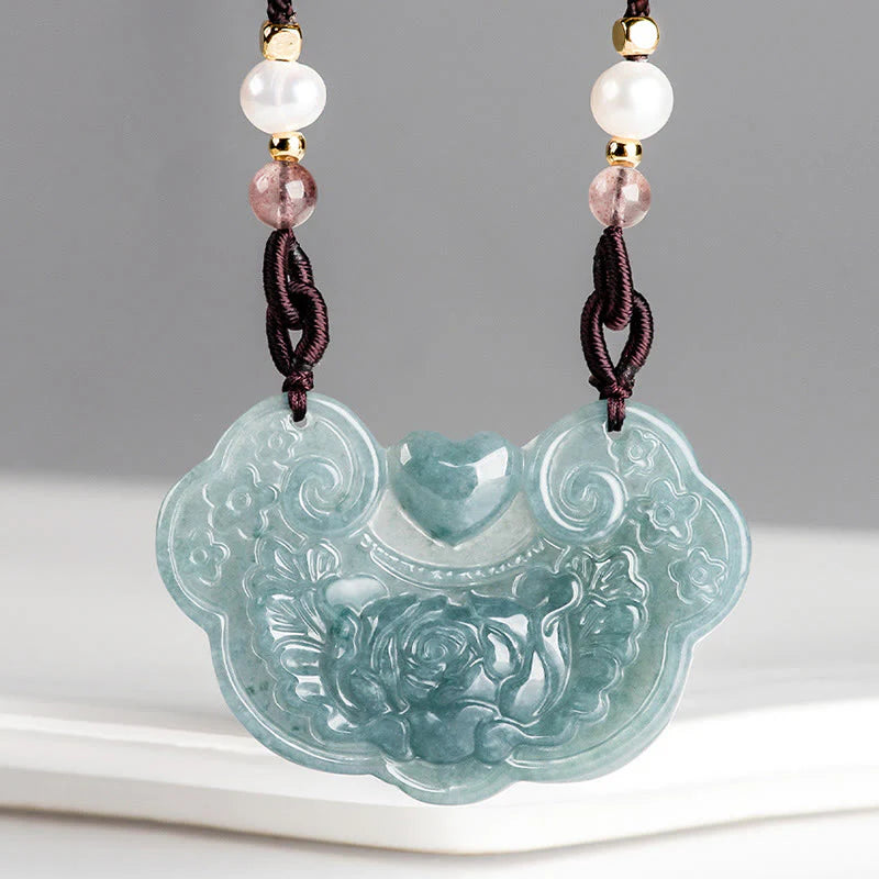 Buddha Stones Natural Jade Peony Flower Lock of Good Wishes Prosperity Necklace Pendant