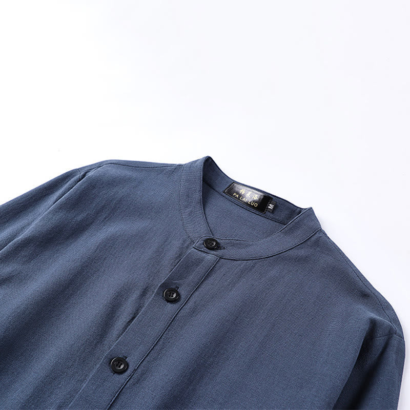 Buddha Stones Simple Solid Color Half Buttons Men's Long Sleeve Cotton Shirt