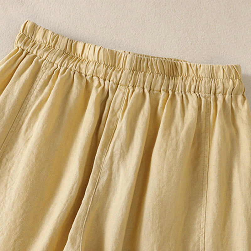 Buddha Stones Commute Plain Design Drawstring Cotton Linen Women's Wide Leg Pants With Pockets