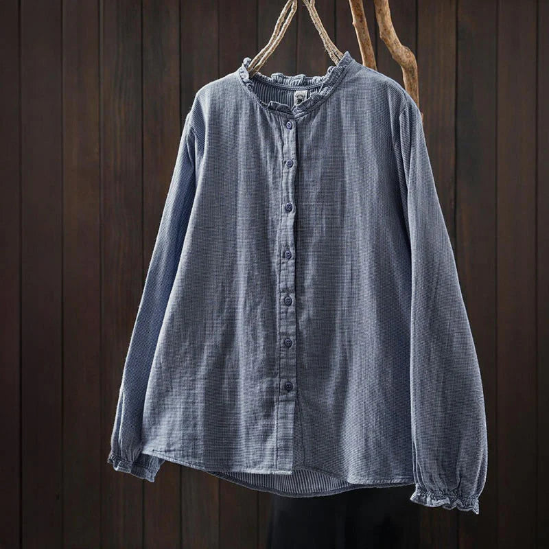Buddha Stones Fall Small Plaid Button Down Ruffle Collar Long Sleeve Women's Cotton Shirt