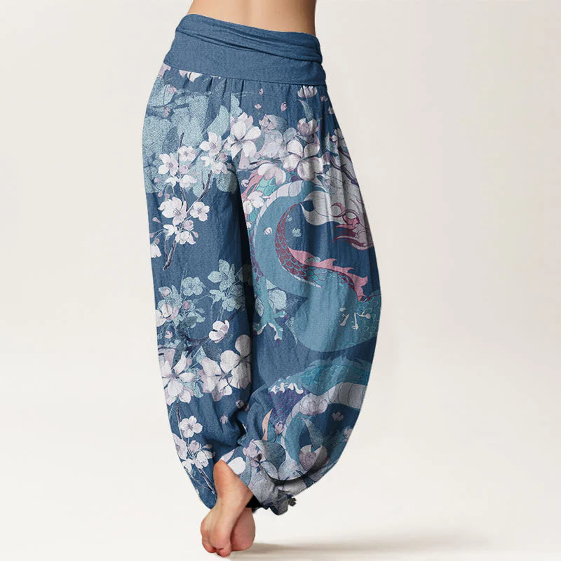 Buddha Stones Cotton Casual Dragon Cherry Blossoms Women's Elastic Waist Harem Pants