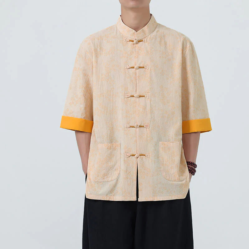 Buddha Stones Summer Peach Blossoms Pattern Chinese Frog-Button Cotton Linen Short Sleeve Men's Shirt