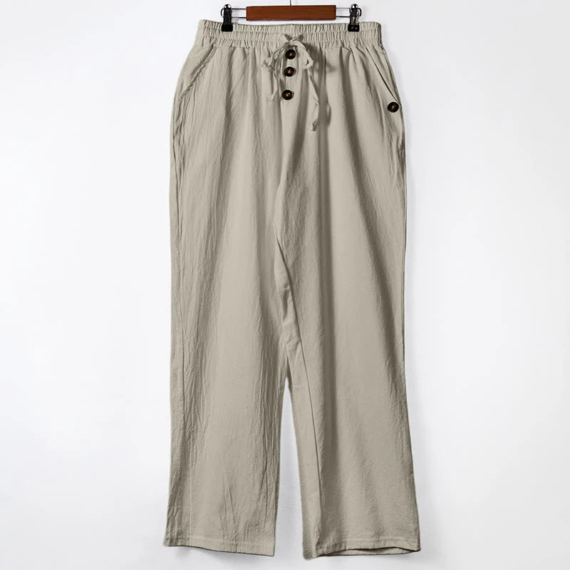 Buddha Stones Solid Color Buttons Drawstring Men's Cotton Pants With Pockets