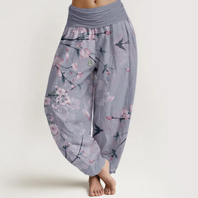 Buddha Stones Cotton Peach Blossoms Flying Geese Pattern Women's Elastic Waist Harem Pants