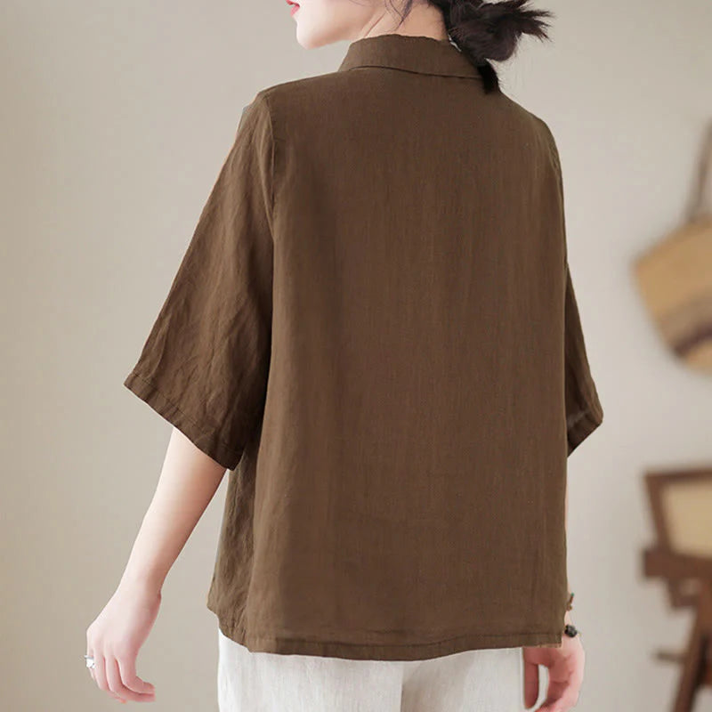Buddha Stones Lapel Frog-Button Diagonal Placket Design Three Quarter Sleeve Women's Cotton Shirt