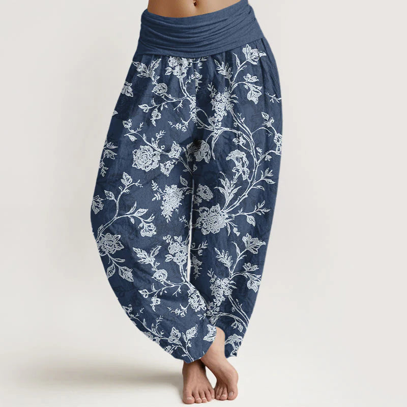 Buddha Stones Cotton Full Coverage Flowers Pattern Women's Elastic Waist Harem Pants