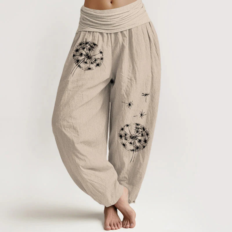 Buddha Stones Pure Cotton Concise Dandelion Pattern Women's Elastic Waist Harem Pants