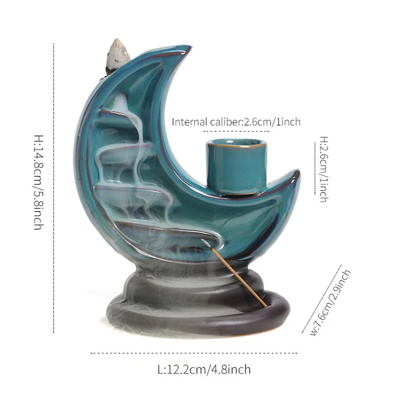 Buddha Stones Blue Crescent Moon Ceramic Backflow Smoke Fountain Meditation Candlestick Incense Burner Decoration