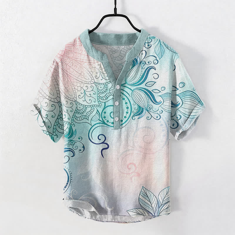 Buddha Stones Cotton Mandala Floral Emblem Men's Short Sleeve Half Button Shirt