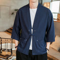 Buddha Stones Plain Chinese Frog-Button Jacket Cotton Linen Men's Three Quarter Sleeve Kimono