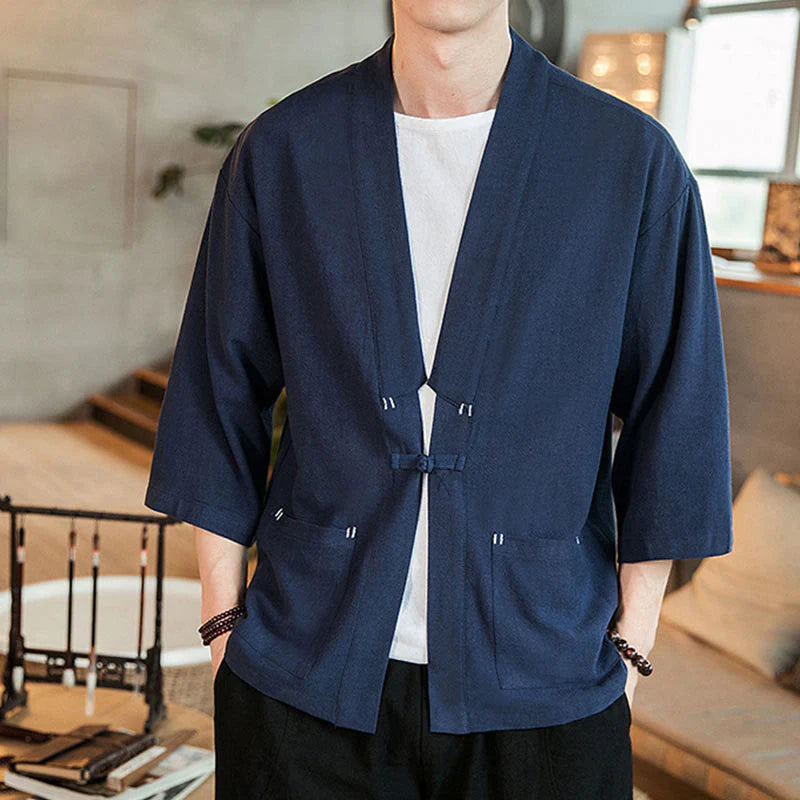 Buddha Stones Plain Chinese Frog-Button Jacket Cotton Linen Men's Three Quarter Sleeve Kimono
