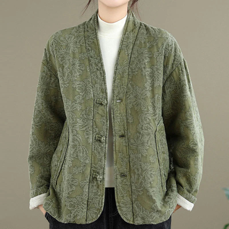 Buddha Stones Winter V-Neck Jacquard Frog-Button Cotton Long Sleeve Women's Thermal Jacket With Pockets