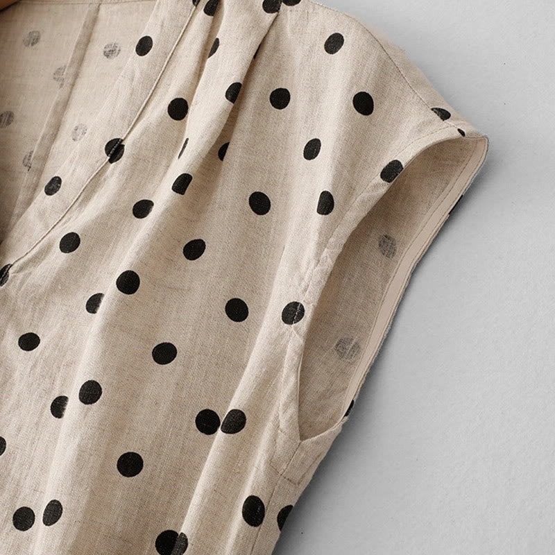 Buddha Stones Summer Polka Dot V-Neck Lace-up Cotton Linen Women's Midi Dress With Pockets