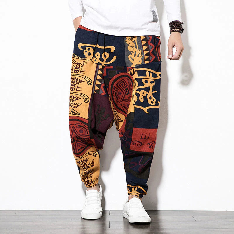 Buddha Stones Red Brown Graffiti Bird Print Men's Harem Pants With Pockets