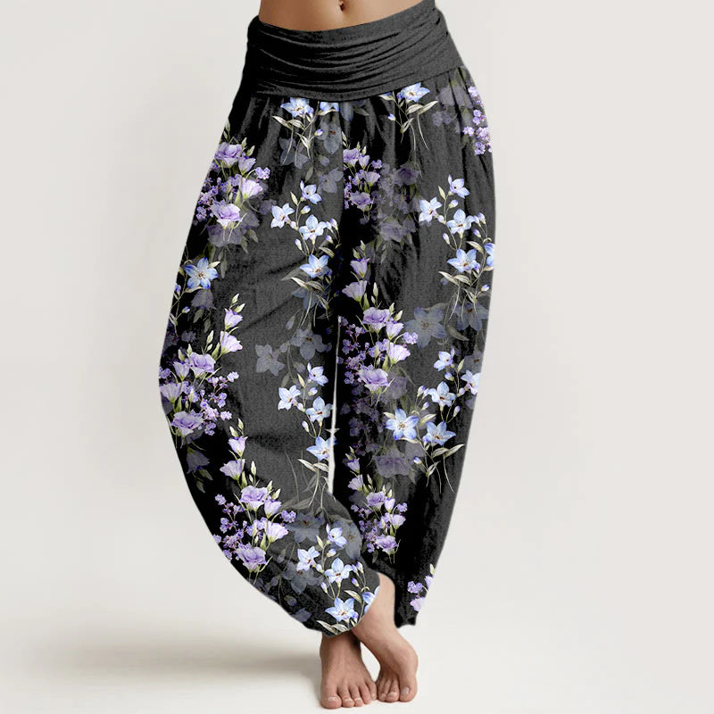 Buddha Stones Cotton Star Shaped Trumpet Shaped Flowers Pattern Women's Elastic Waist Harem Pants