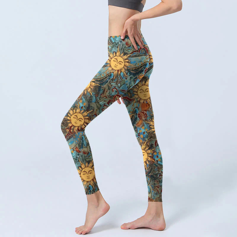 Buddha Stones Golden Personified Sun Pattern Print Gym Leggings Women's Yoga Pants