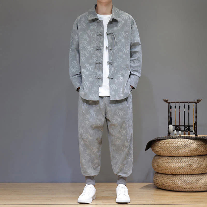 Buddha Stones 2Pcs Winter Thick Bamboo Men's Tang Suit Frog-Button Cotton Corduroy Long Sleeve Jacket Pants Set With Pockets