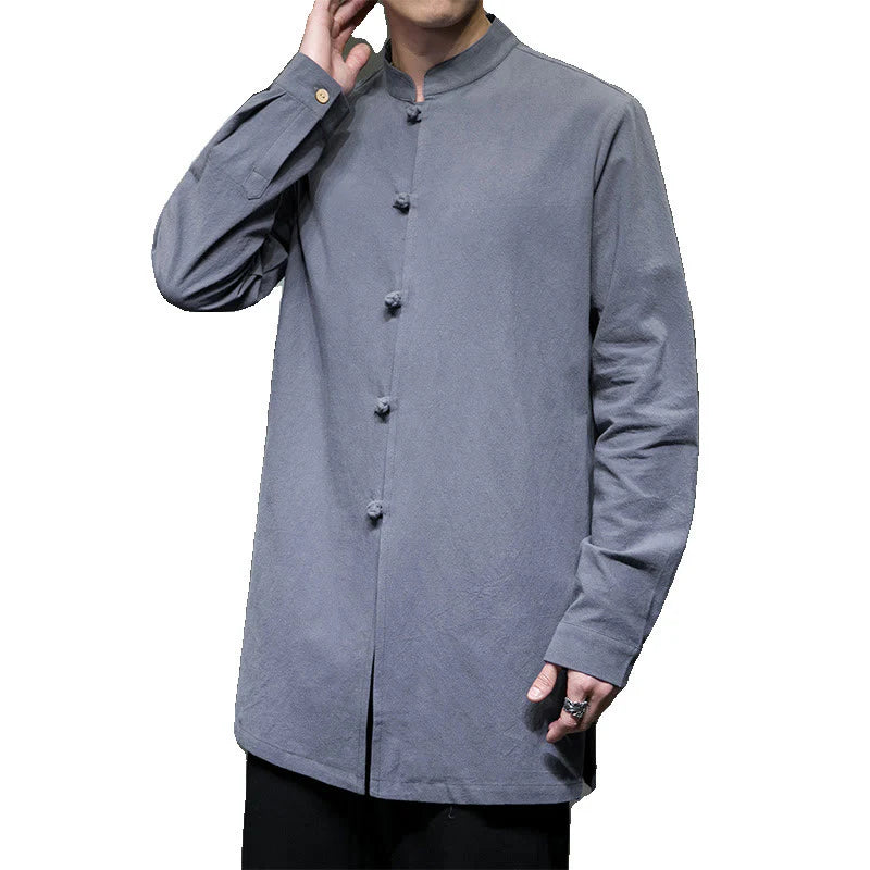 Buddha Stones Simple Tang Suit Plain Chinese Frog-Button Men's Cotton Long Sleeve Jacket Shirt
