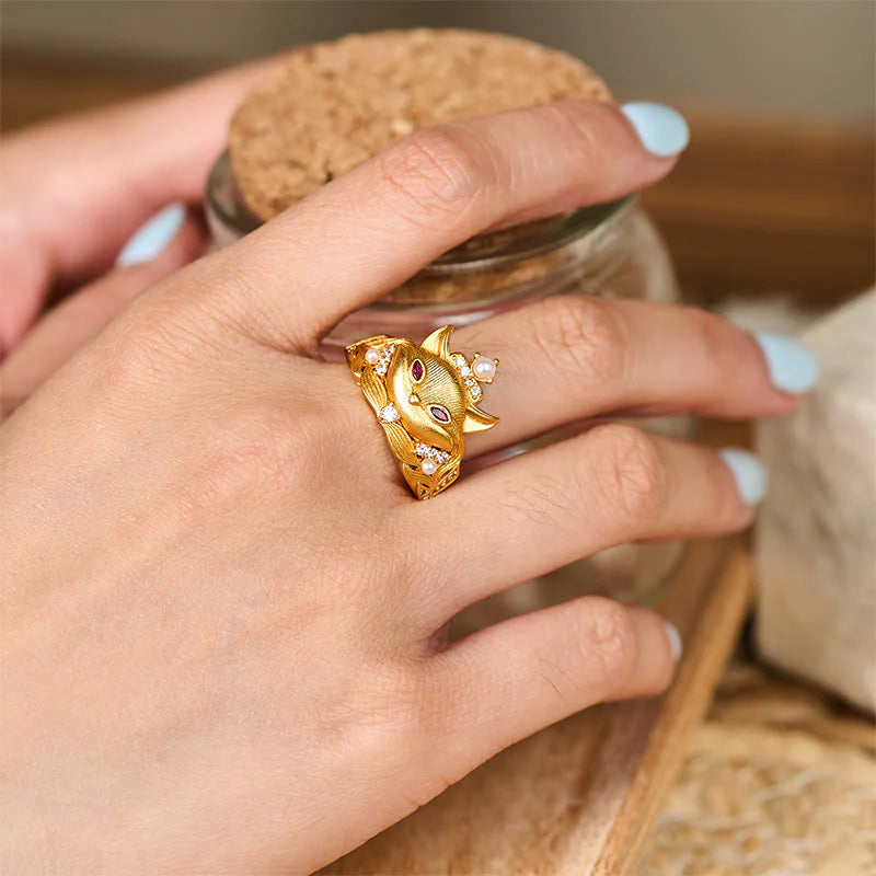 Buddha Stones Fox Head Design 24k Gold Plated Brass Adjustable Ring
