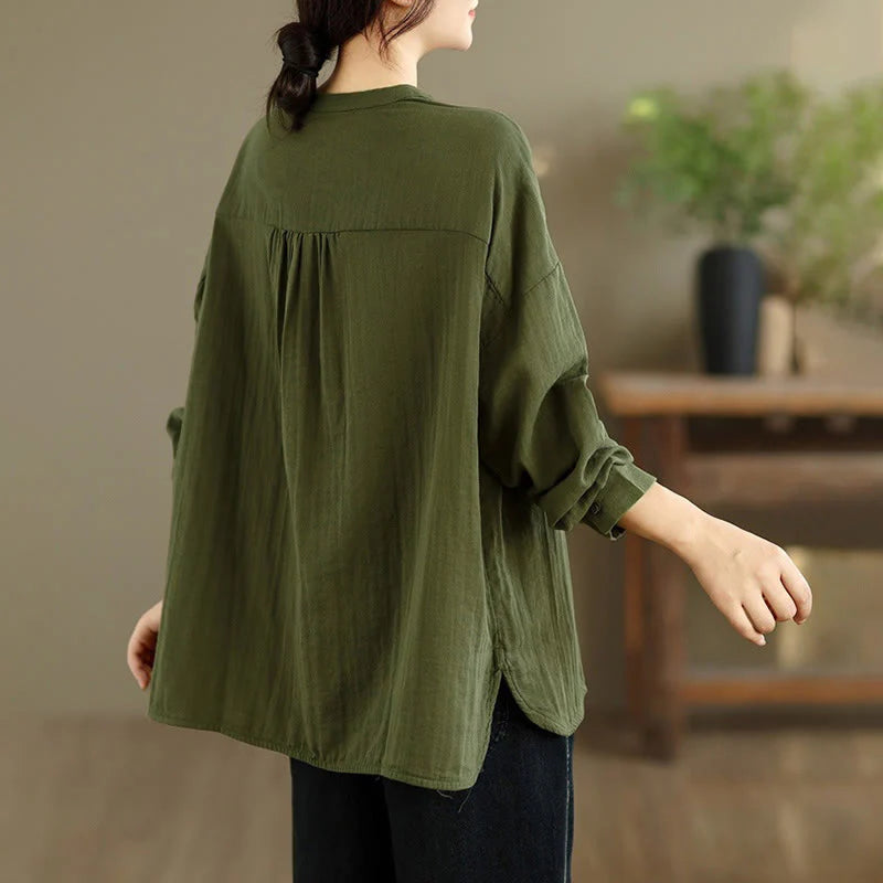 Buddha Stones Fall Embroidery Human Figure Dog Pattern Round Neck Buttons Women's Long Sleeve Shirt