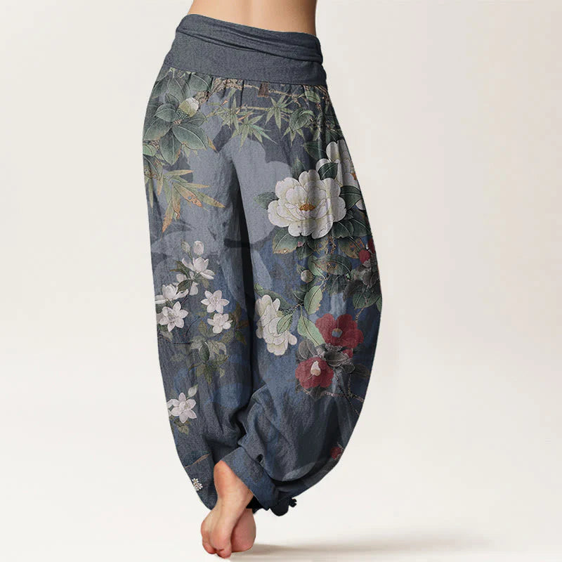 Buddha Stones Pure Cotton Casual Peony Flowers Leaves Magpie Women's Elastic Waist Harem Pants
