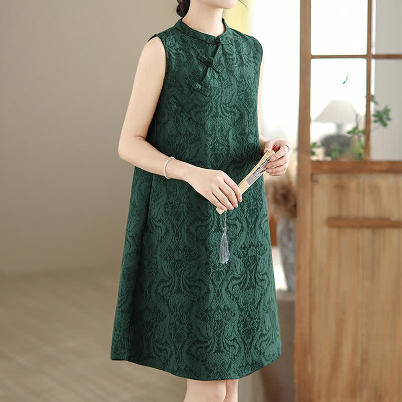 Buddha Stones Mandarin Collar Frog-button Jacquard Pattern Sleeveless Cotton Mini Dress With Pockets