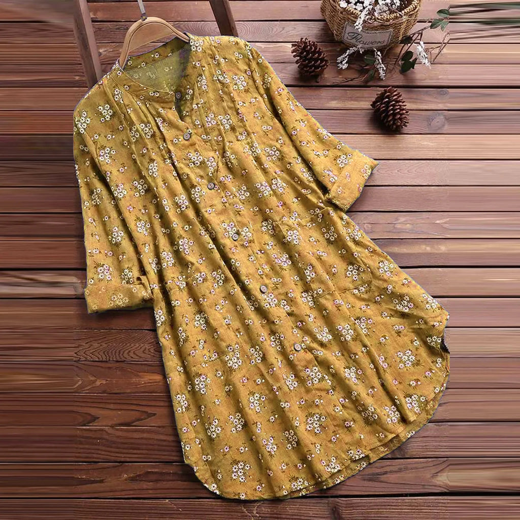 Buddha Stones Florals Buttons Long Sleeve Cotton Women's Shirt