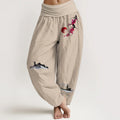 Buddha Stones Plum Blossoms Mountain Fisherman Pattern Pure Cotton Women's Elastic Waist Harem Pants