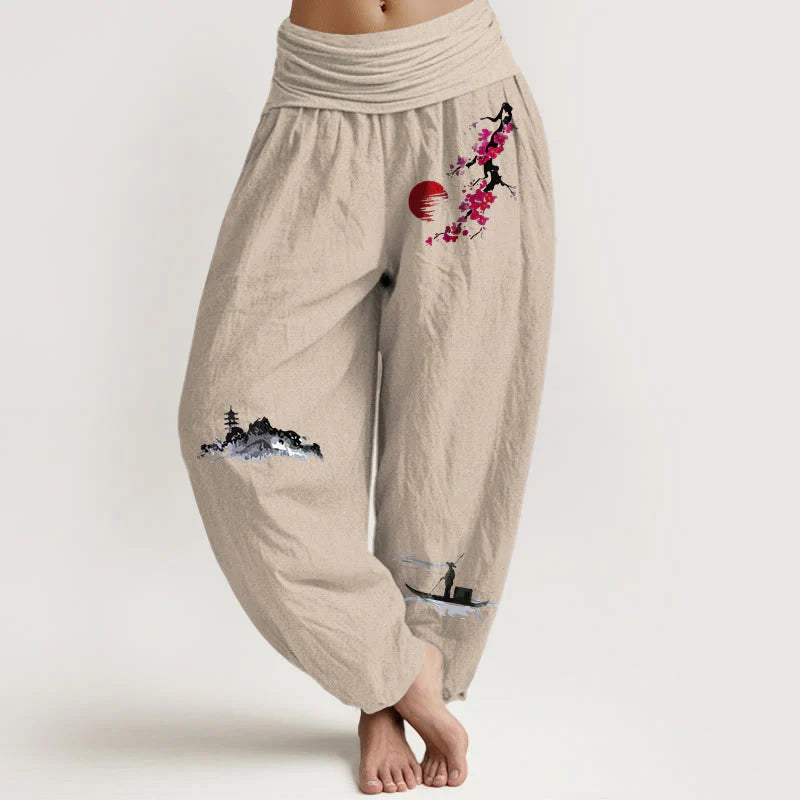 Buddha Stones Plum Blossoms Mountain Fisherman Pattern Pure Cotton Women's Elastic Waist Harem Pants