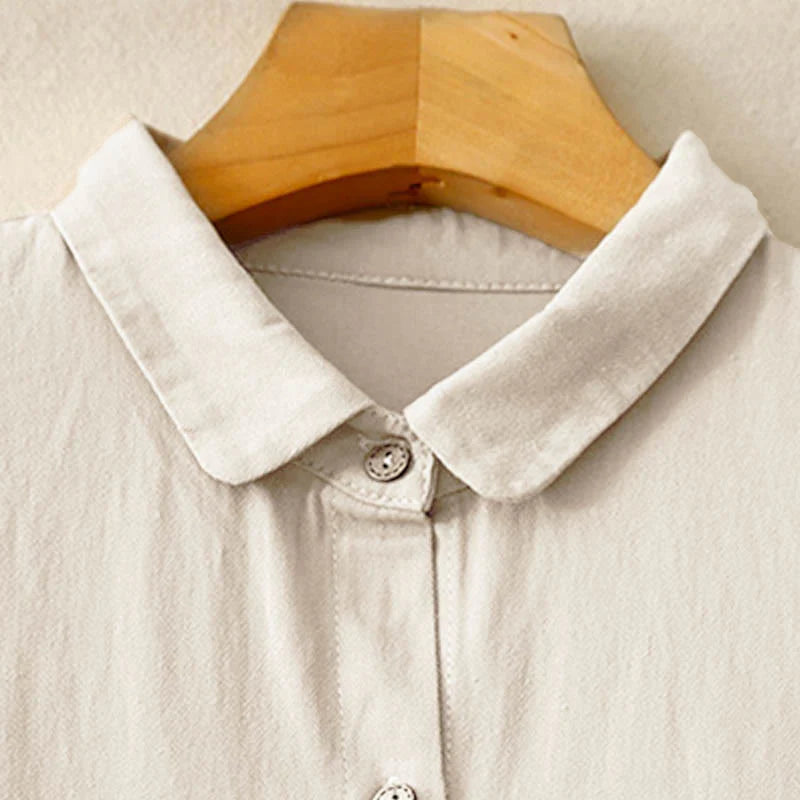 Buddha Stones Commute Long Sleeve Pure Color Button Design Lapel Cotton Midi Dress