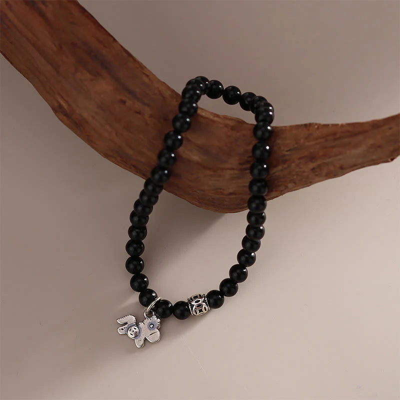 Buddha Stones Year Of The Horse 925 Sterling Silver Natural Black Obsidian Strength Bracelet